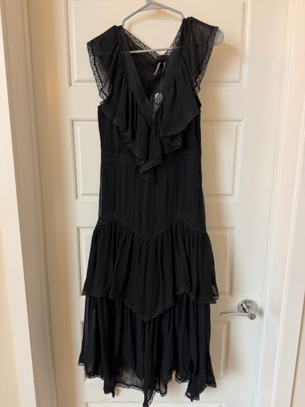 Anthropologie Black Ruffled Lace-Trim Tiered Maxi Dress